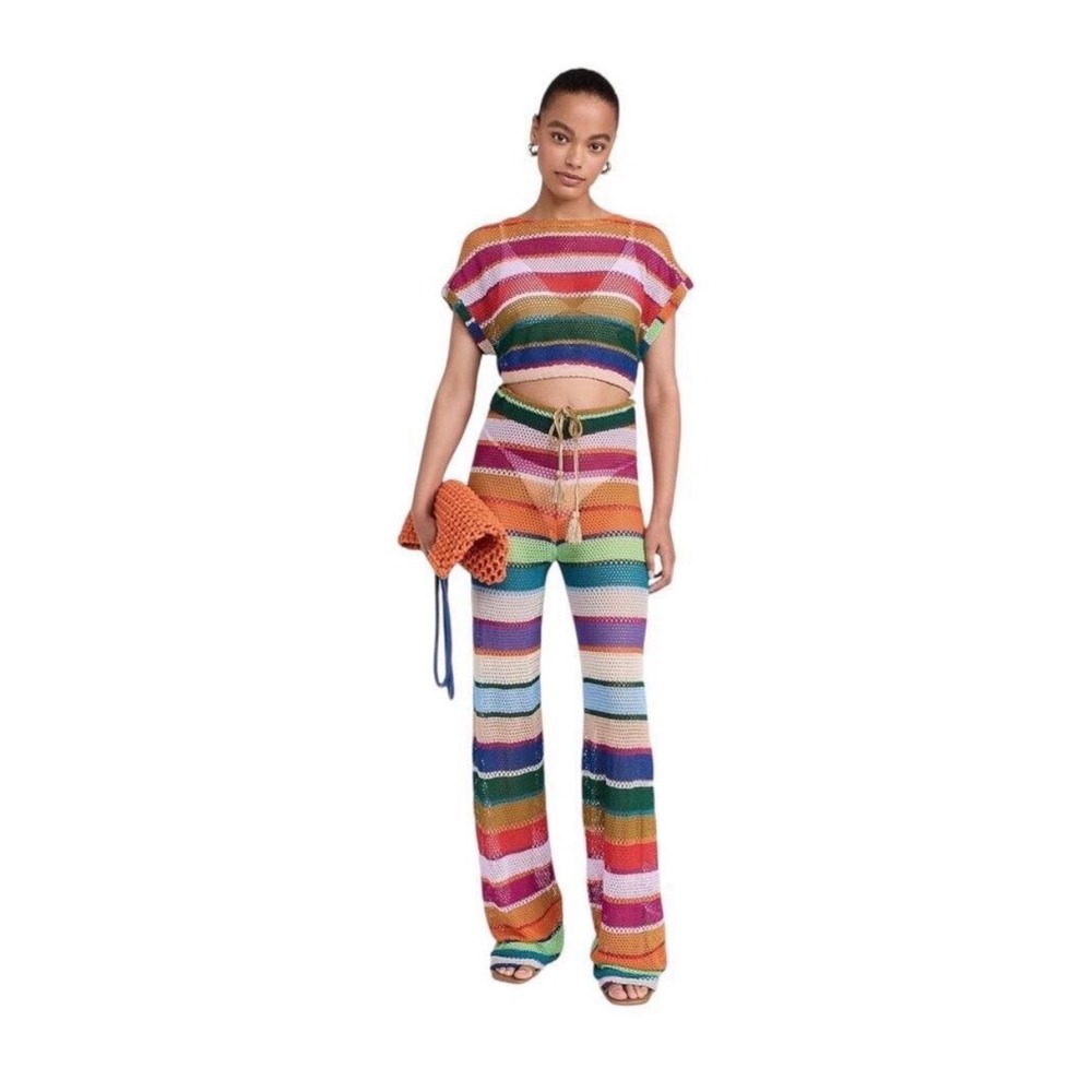 PQ Swim 2 Piece Set Womens M/L Multi Rainbow Stripe Crochet Knit Crop Top Pants